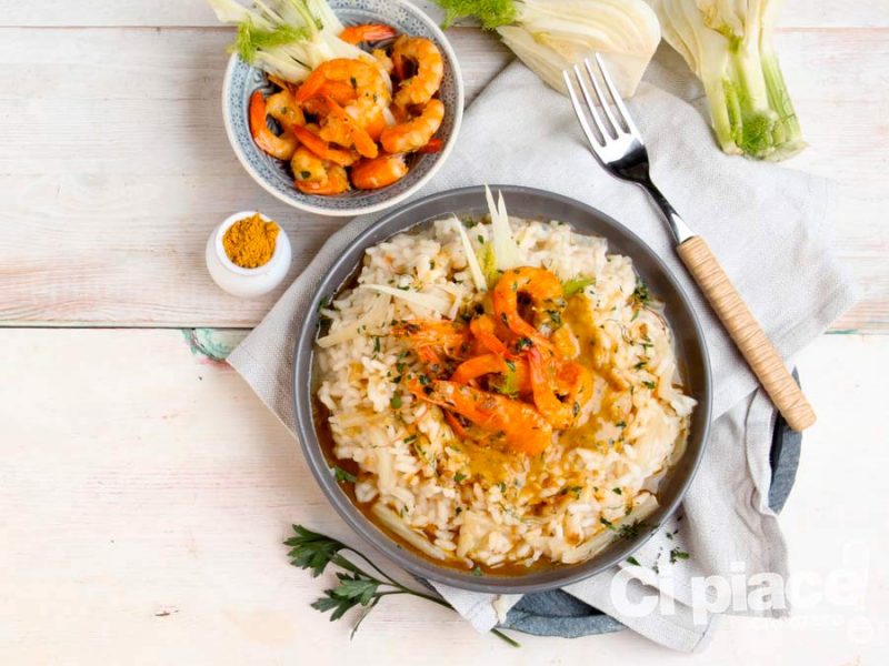 Risotto con finocchi e gamberi al curry