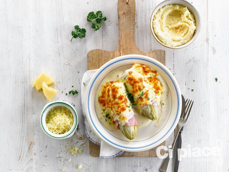 Indivia belga con prosciutto al gratin