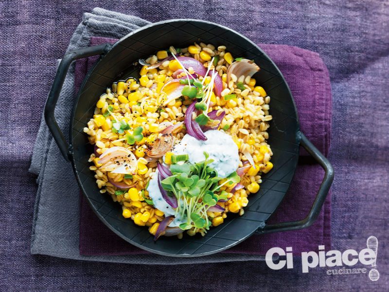 Insalata sostanziosa con orzo e cipolla rossa