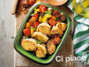 Frittelle di ricotta (ricotta balls with tomato salad, Italy)