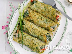 Herb crepes with a mushroom and spinach filling