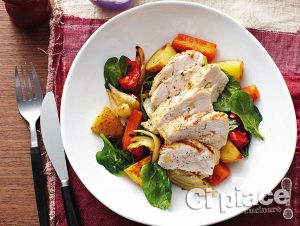 Roasted vegetables with grilled slices of chicken breast